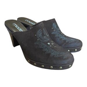 Moda Spana Womens Suede Mules With Heel Size 11 Embroidered With Brass Details